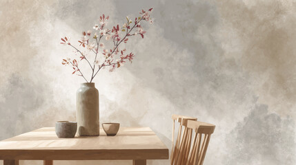 静寂の食卓：和モダン・水彩画