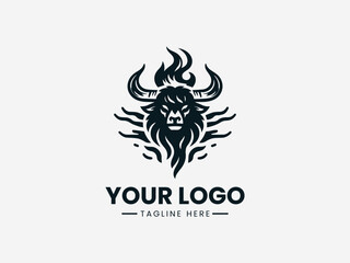 Fire Flame Yak Head black vector logo illustration on white background