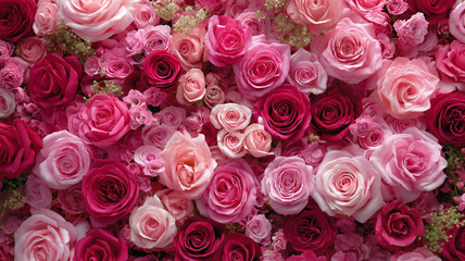 Obraz premium Vibrant wall of blooming pink and red roses creates a breathtaking floral tapestry in full splendor Generative AI