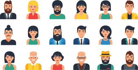 Diverse People Avatar Collection with Men and Women Characters for User Profile Icons, Social Media Accounts, Website UI, Community Profiles, and Team Illustration.