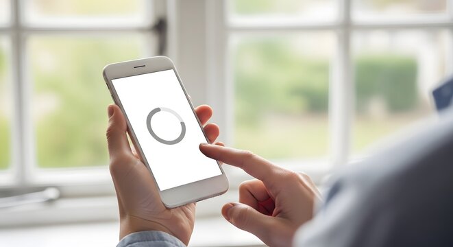 Person holding smartphone with loading circle on screen