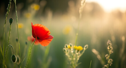 Naklejka premium A vibrant poppy sways gently in a sunlit field of wildflowers and green grass at sunset.
