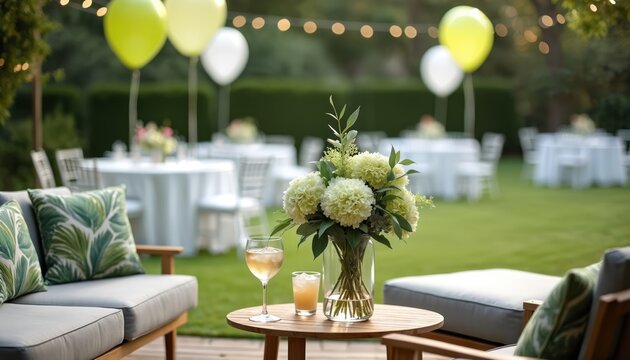 Outdoor party setup with tables, chairs, flowers, balloons, and lounge furniture on a green lawn with string lights overhead. Elegant event atmosphere in a garden.