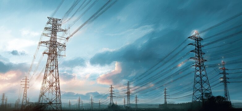 A scenic photo capturing the sprawling landscape of power lines and towering electrical structures beneath a dynamic, cloudy sky