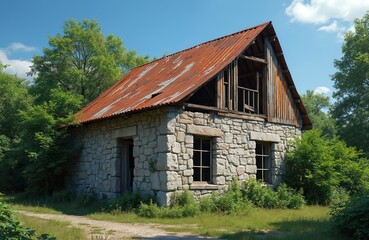 Stone building with rusty corrugated metal roof sits amongst green trees under blue sky. It has weathered walls and empty windows suggesting abandonment and decay.