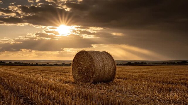 Hay bale at sunset.