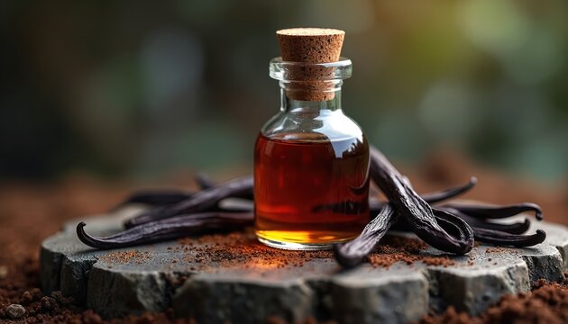 Small glass bottle filled with dark vanilla extract sits on rough stone surface. Whole vanilla beans surround bottle. Ground vanilla pods, powder scattered around natural ingredient for baking