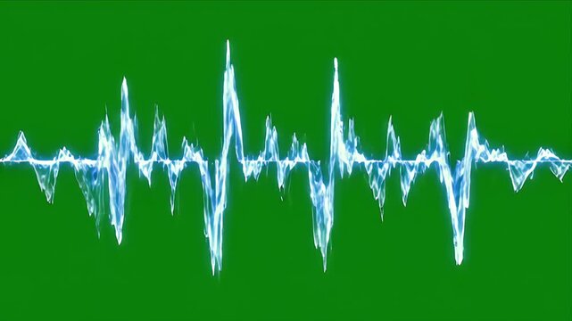 Abstract visualization of blue glowing sound wave interference patterns pulsating on a vibrant green screen background digitally rendered motion graphic