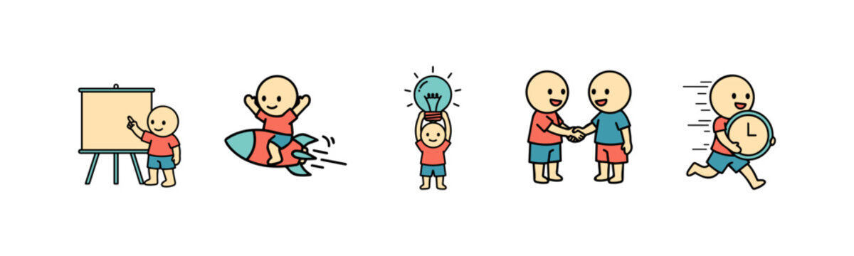 Cartoon characters illustrating business concepts with joy and creativity