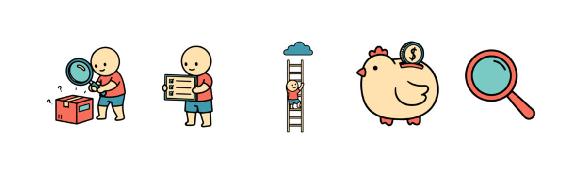 Cartoon characters solving problems and achieving success in business