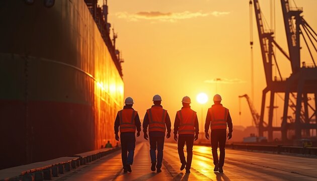 Four workers in safety vests and helmets walk towards a golden sunset by a large ship. Cranes loom in the background of the busy industrial shipyard scene.