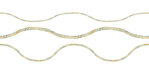 Hand drawn watercolor nautical rope borders in a seamless wavy design. This marine-inspired cord element is perfect for coastal branding, summer invitations, seafaring themes, and maritime © Natali_Mias