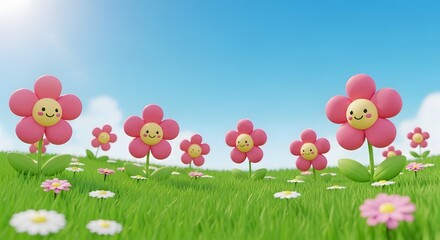 Fototapeta premium Pink flower faces in a lush green field. Simple spring landscape. Smiling floral characters growing among white daisies under a clear blue sky.