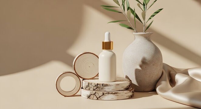 Serum bottle on wooden coaster with beige vase and cosmetic products serum mockup