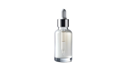 Naklejka premium A clear glass dropper bottle with a silver cap and a pipette suspended within