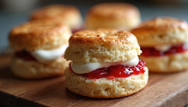 Golden baked scones with clotted cream and strawberry jam sit on a rustic wood board. Two delicious sweet pastries are ready to eat, perfect for afternoon tea.