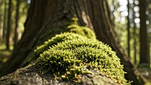 Vibrant green moss thrives on a fallen log in a sunlit forest, showcasing