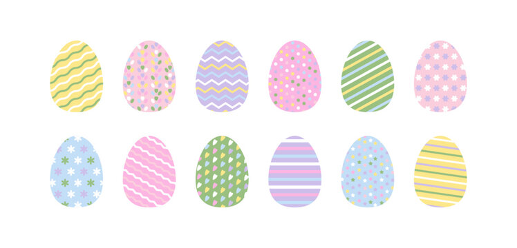 Colorful Easter eggs set in flat style. Painted pastel color holiday decorations. Pattern with circle, hearts, lines. Yellow green blue pink violet elements for poster, greeting card, banner, print