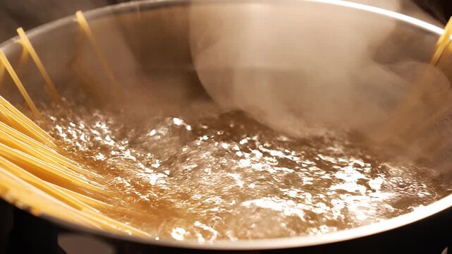 Close-up of pasta cooking in boiling water with bubbling motion and rising steam, capturing the authentic process of food preparation in the kitchen