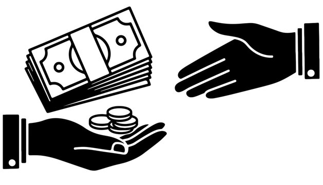 A black and white illustration of money being handed over