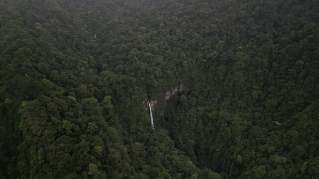 High aerial above Quebrada Gata waterfall in Costa Rica near Poas Volcano
