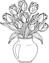 Black and white line of a vase filled with tulips flower bouquet floral