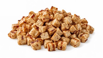 Obraz premium Diced grilled chicken breast with light char and seasoning on white isolated background for meal preparation and healthy recipes