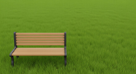 A tranquil park bench sits in a vast expanse of vibrant green grass, inviting relaxation and contemplation