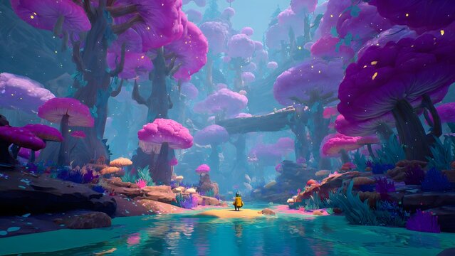 arcade fantasy game world, colorful magical landscape with floating islands, glowing crystals, giant mushrooms, fantasy trees and waterfalls