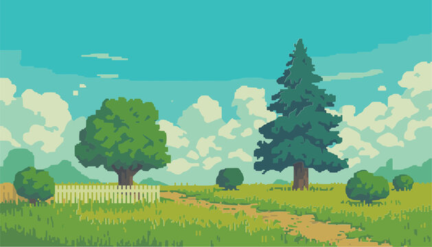 Pixel Art Nature Landscape. Pixel art landscape vector illustration featuring nature scenery, fantasy environment, and retro gaming background graphics.