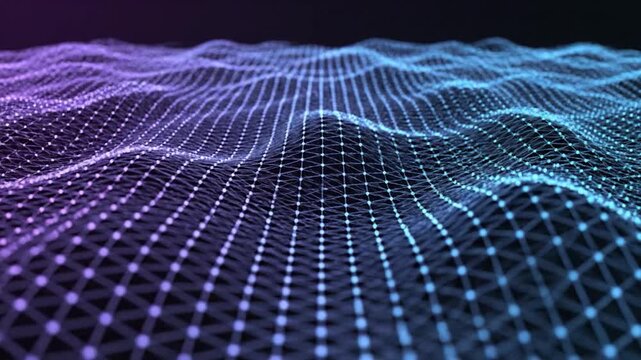 Abstract digital wave pattern with glowing dots and lines creating a futuristic