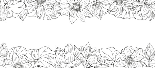 Blooming lotus flowers vector isolated horizontal border in monochrome style. Water lilies, leaves, buds rectangle frame, empty space for text. For invitation, greeting card, wellness website © Masha_tolk_art