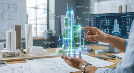 Architect using holographic interface to design sustainable skyscraper with vertical gardens and wind power generators