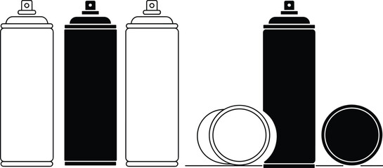 Set of spray paint can icons in outline and solid styles, showing upright and horizontal positions, representing art supplies, graffiti, and creative design © S.P