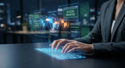 Cybersecurity professional analyzing network defense and threat detection data on futuristic holographic interface