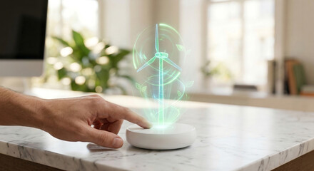 Fingers touch glowing holographic wind turbine projected from smart device representing clean energy future and sustainable technology innovation