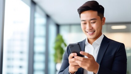 スマートフォンを操作する笑顔の若いビジネスマン