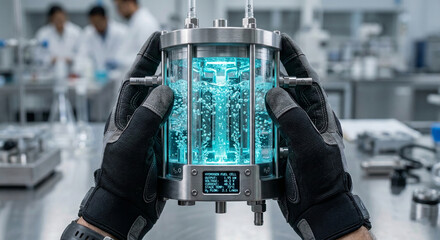 Hands in protective gloves holding hydrogen fuel cell. Close up on engineer inspecting renewable energy source in lab