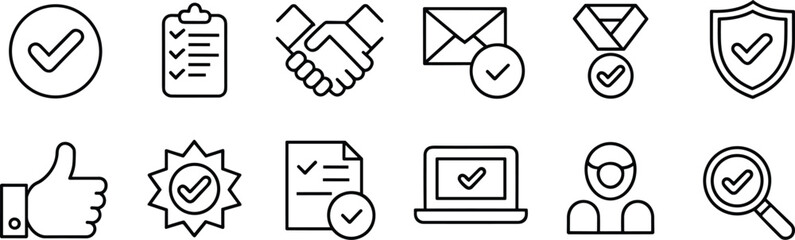 Set of verification and approval icons in black-and-white line style featuring checkmarks, clipboards, shields, medals, documents, and quality assurance symbols