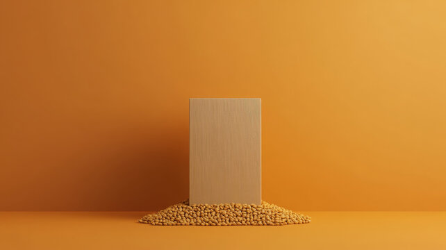 Cereal box mockup with clean design orange background, surrounded by cereal grains, minimal style