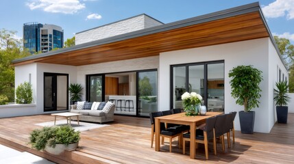 Fototapeta premium Modern villa house featuring a spacious outdoor patio deck