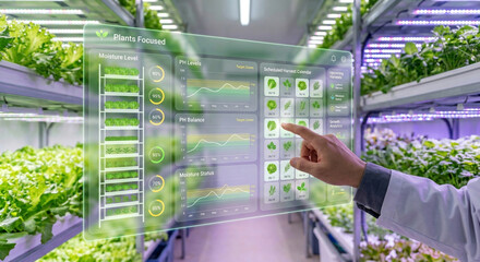 Scientist using augmented reality display to monitor plant growth and optimize conditions in vertical farm