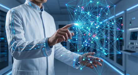 Scientist interacting with complex neural network hologram in data center server room using advanced wearable technology