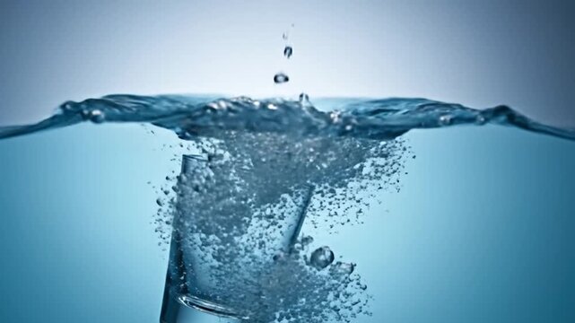 A clear glass tumbles into refreshing blue water, creating dynamic splashes