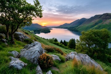 Fototapeta premium Buttermere lake sunset illuminating Lake District mountains