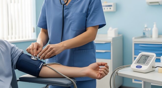 A doctor checks a patient's blood pressure with a stethoscope and a monitor in a medical examination room.