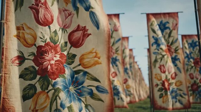 Vibrant floral patterned fabric banners gently waving in the outdoor breeze