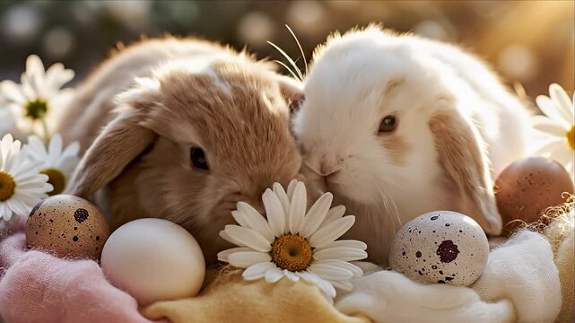 A charming close-up of two adorable, fluffy lop-eared bunnies snuggling together in a soft, pastel nest with Easter eggs and white daisy flowers. Warm, gentle sunlight illuminates the scene.