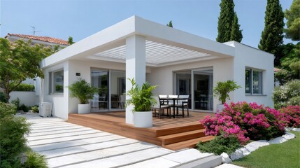 Fototapeta premium Modern luxury villa with bioclimatic pergola and wooden deck