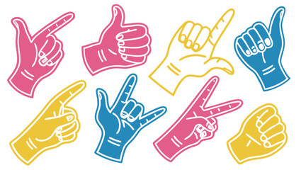 Fototapeta premium Colorful foam finger hand signs in pink blue and yellow on white background for cheering and gestures
